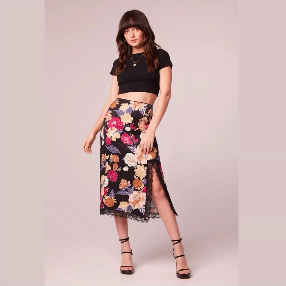Band of the Free, Lilou Black Floral Lace Slip Midi Skirt, Size L